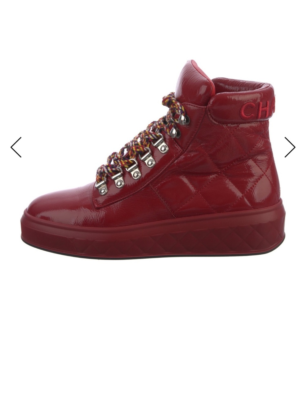 CHANEL Red Quilted Patent Leather Lace-Up Boot